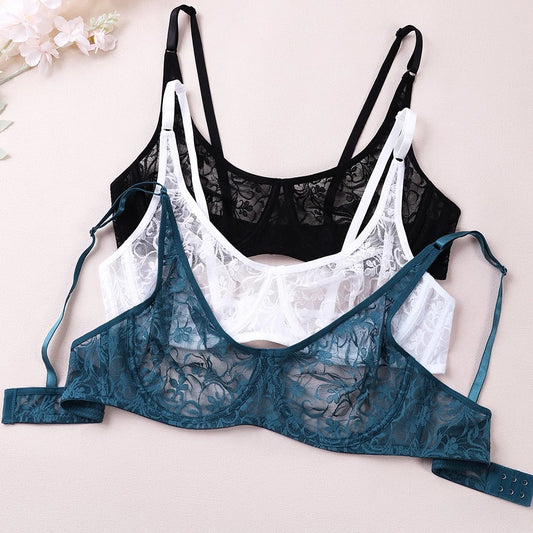 3Pcs Bras Women Bras Lace Sheer Brassiere Underwired Bra Sissy Sexy Lingerie BH